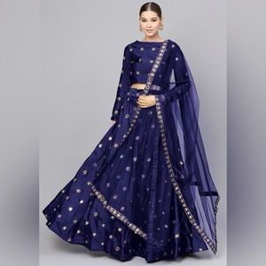 Nwt Navy Blue Mirror Crepe Lehenga Set with matching dupatta